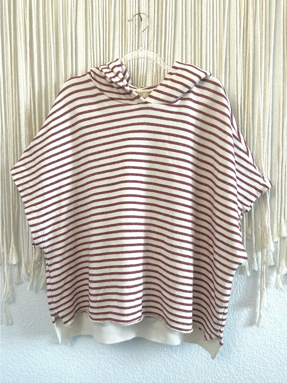 Sun Days BurgundyIvory Striped Hooded Poncho Top Distressed Trim Boho Oversized - Picture 2 of 12